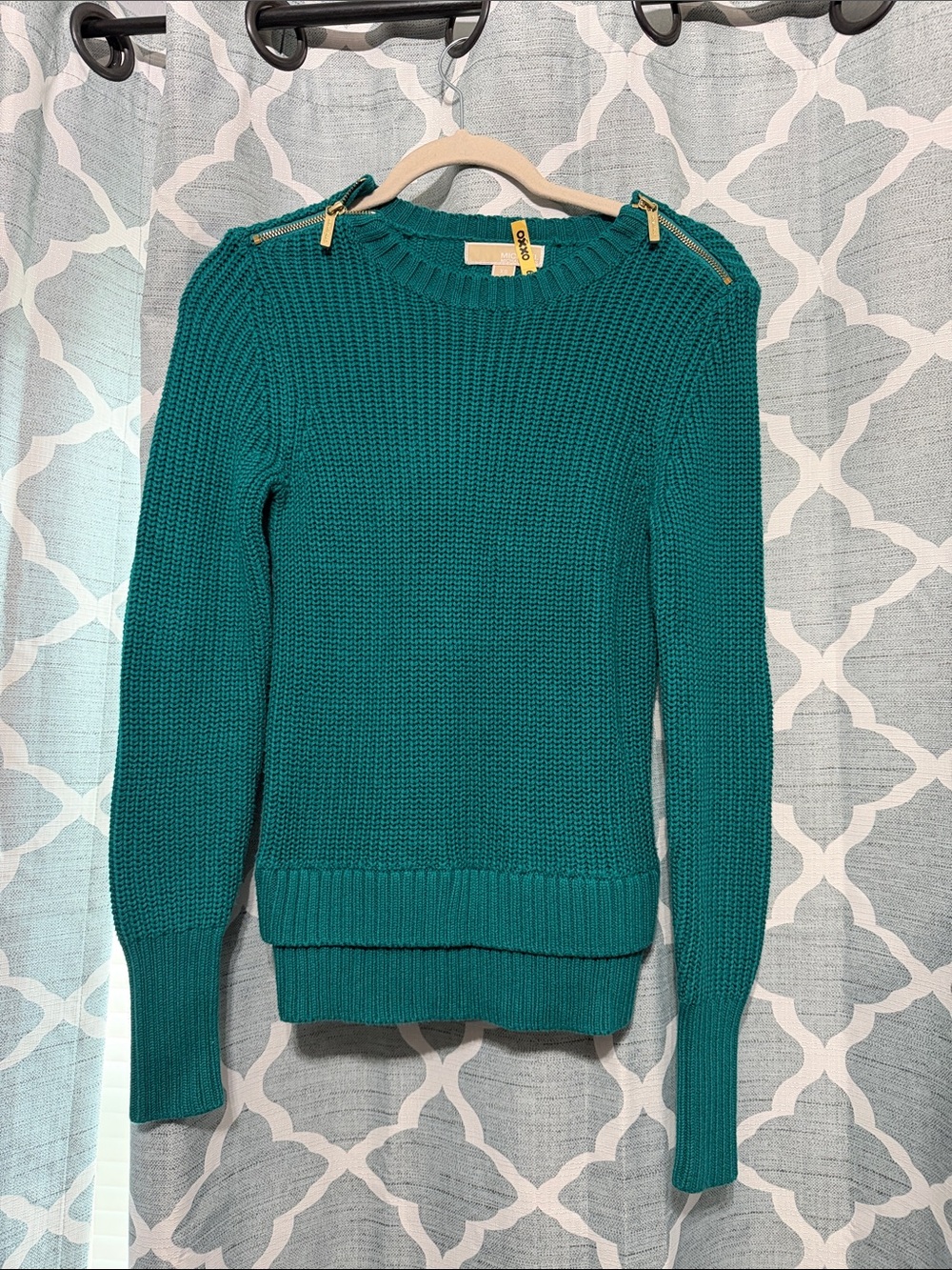 Michael Kors Teal Crewneck Sweater with Shoulder Zip Details